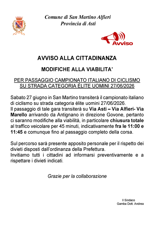 Modifiche alla viabilità per passaggio campionato italiano di ciclismo 27/06/2026