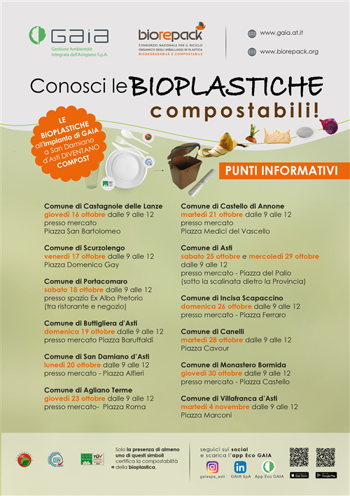 Calendario punti informativi per la campagna di GAIA e Biorepack: Conosci le bioplastiche!